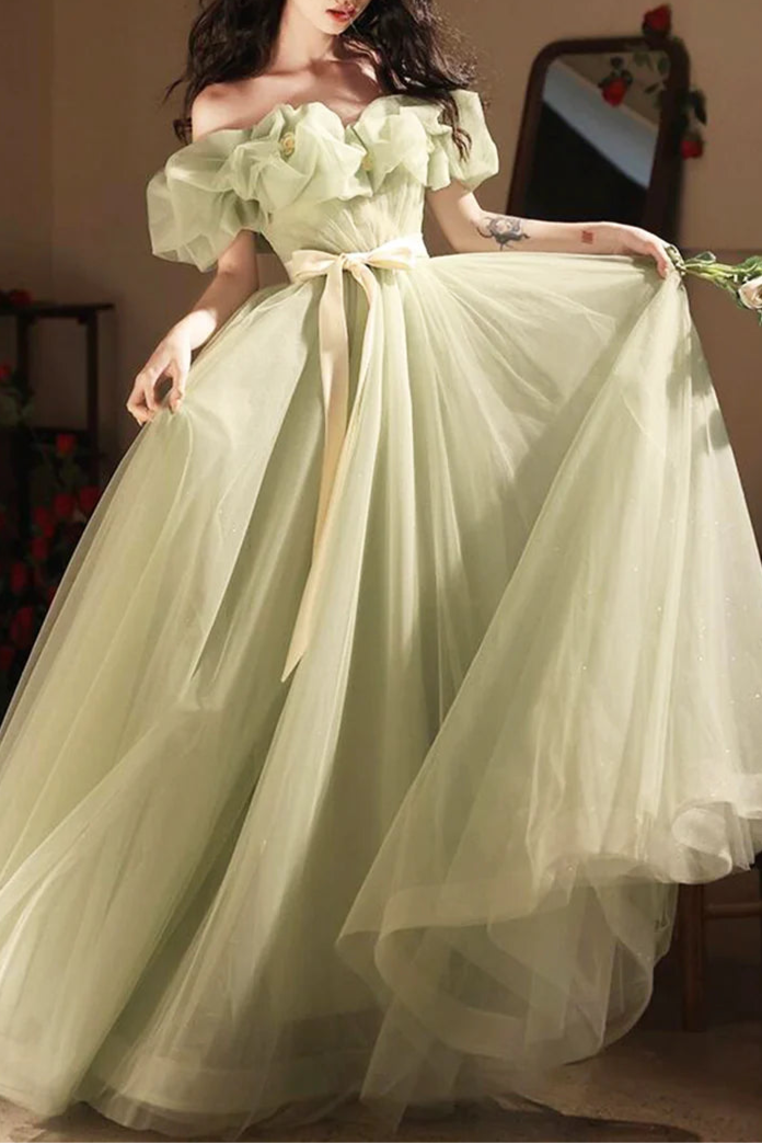 A-Line Green Tulle Flowers Long Prom Dress Beautiful Off the Shoulder Floor length Evening Party Dress