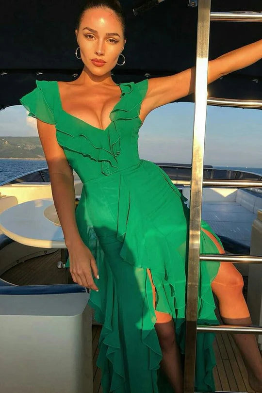 A-Line Green V-Neck Straps Ruffles Long Prom Formal Dress with Slit