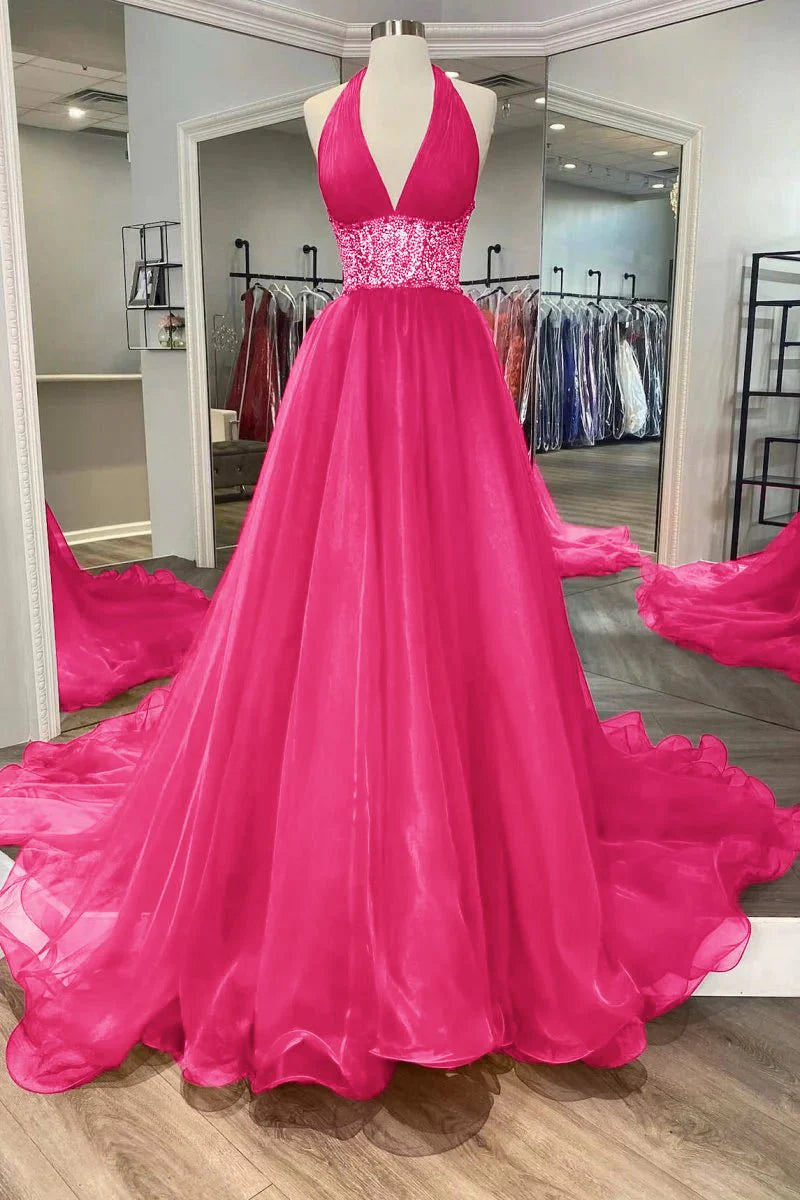 A-Line Halter Beaded Backless Organza Red Prom Dress With Sweep Train