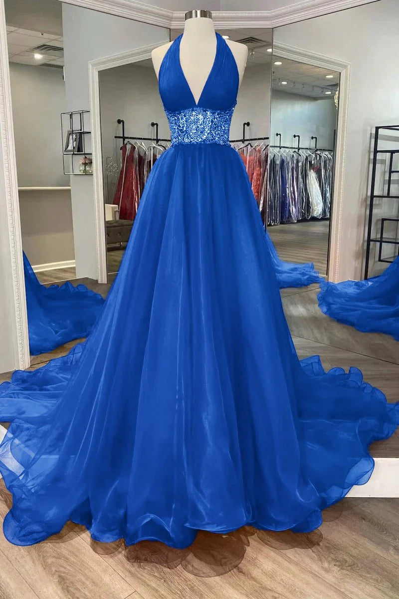 A-Line Halter Beaded Backless Organza Red Prom Dress With Sweep Train