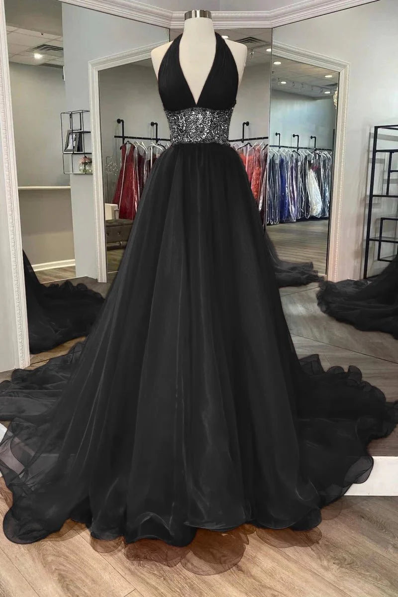 A-Line Halter Beaded Backless Organza Red Prom Dress With Sweep Train