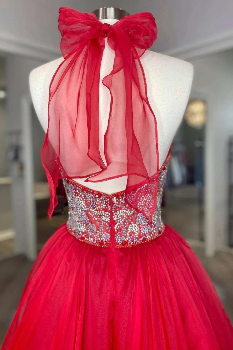 A-Line Halter Beaded Backless Organza Red Prom Dress With Sweep Train