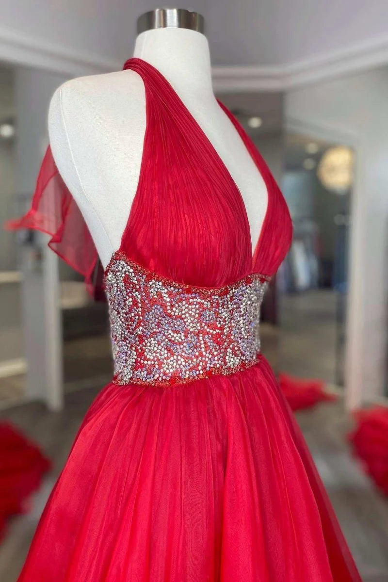 A-Line Halter Beaded Backless Organza Red Prom Dress With Sweep Train