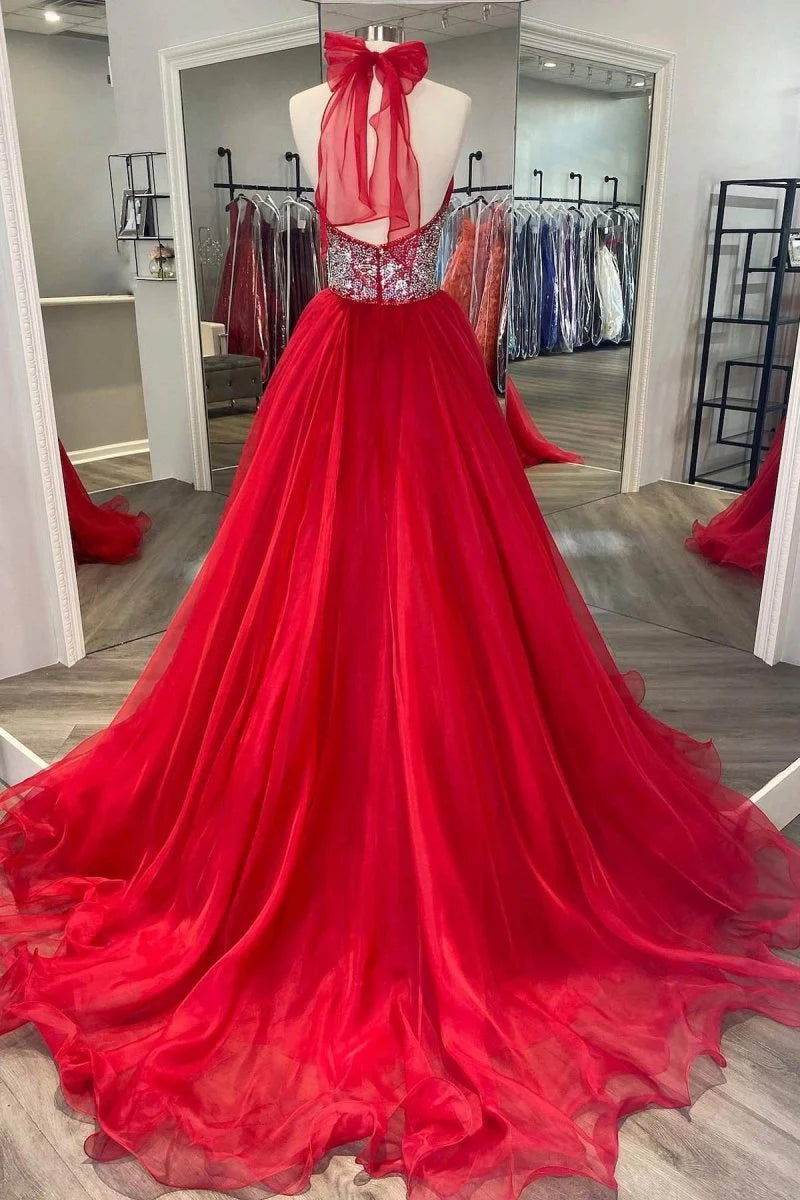 A-Line Halter Beaded Backless Organza Red Prom Dress With Sweep Train