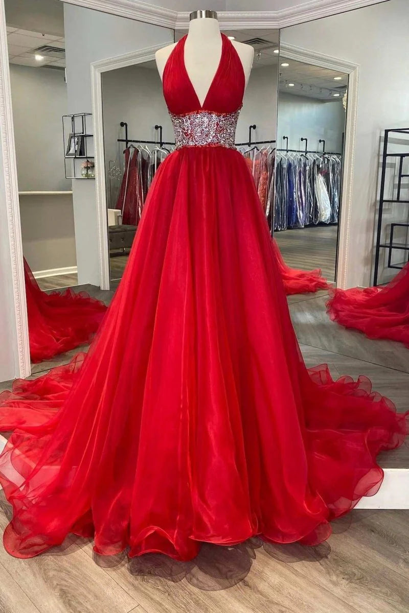 A-Line Halter Beaded Backless Organza Red Prom Dress With Sweep Train