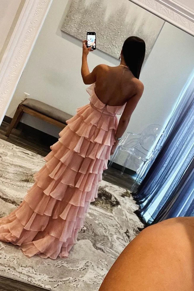 A-Line Halter Keyhole Ruffle Tiered Chiffon Red Prom Dress With Slit