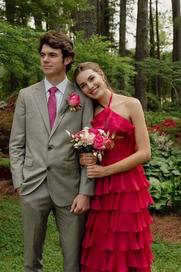 A-Line Halter Keyhole Ruffle Tiered Chiffon Red Prom Dress With Slit
