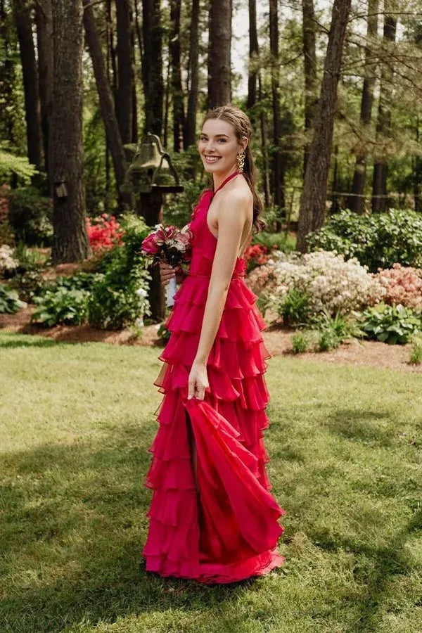 A-Line Halter Keyhole Ruffle Tiered Chiffon Red Prom Dress With Slit