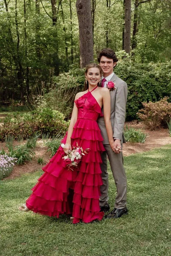 A-Line Halter Keyhole Ruffle Tiered Chiffon Red Prom Dress With Slit