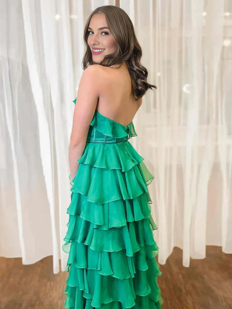 A-Line Halter Keyhole Ruffle Tiered Chiffon Red Prom Dress With Slit