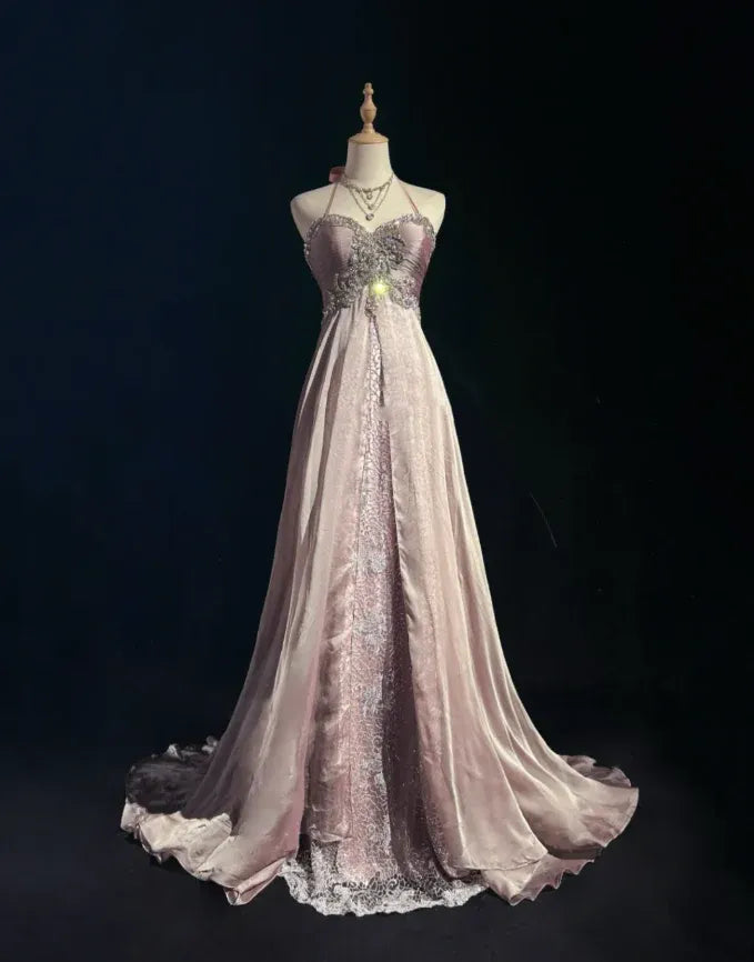 A-Line Halter Lace Beaded Wedding Dress Ruched Blush Prom Dress With Train