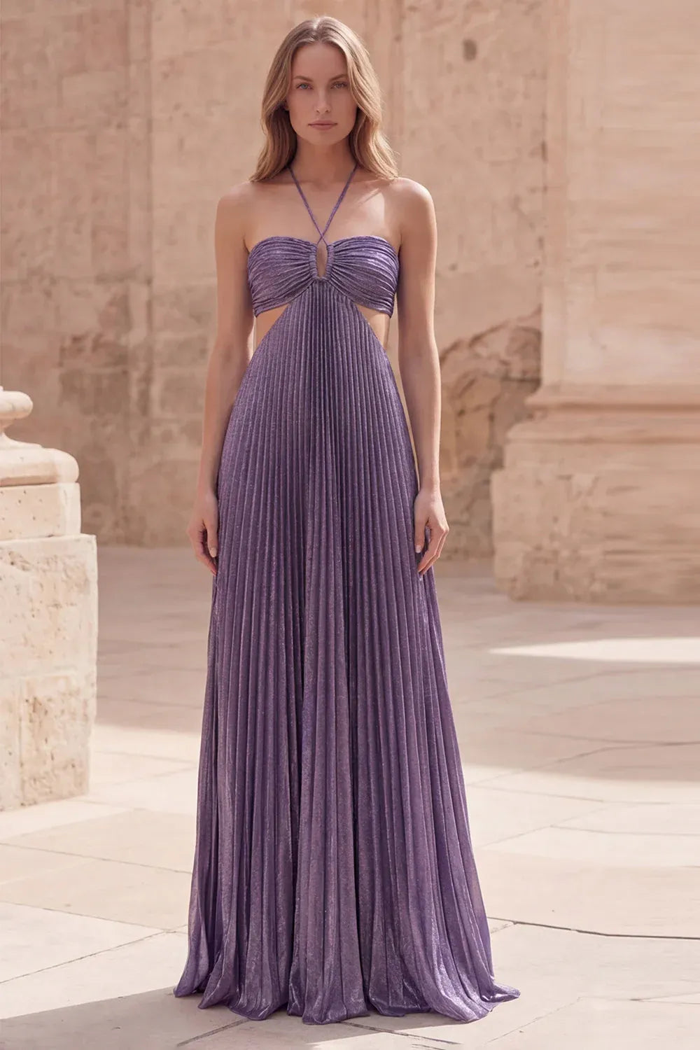 A-Line Halter Neck Cutout Pleated Metallic Lavender Maxi Prom Dress For Women