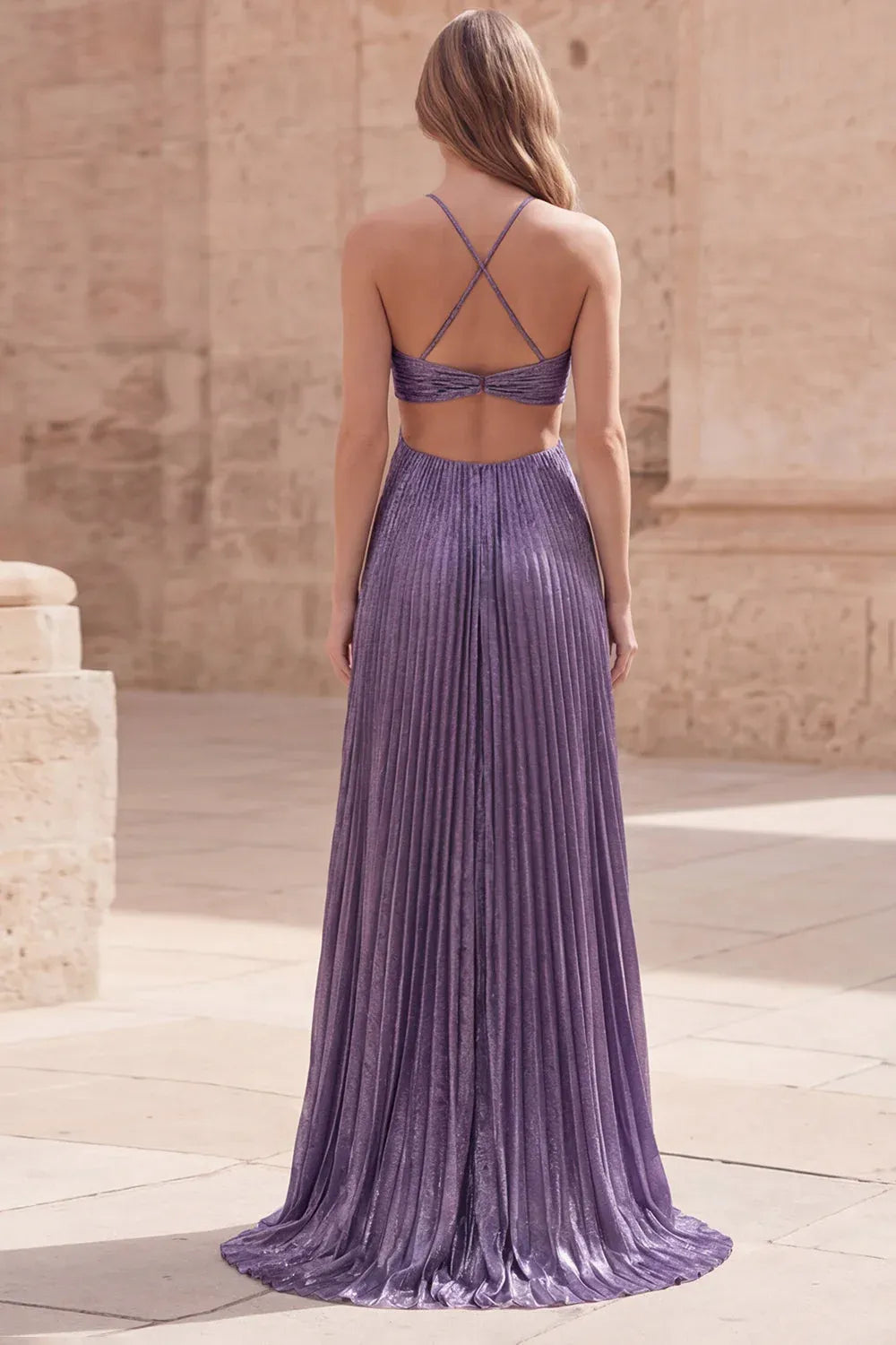 A-Line Halter Neck Cutout Pleated Metallic Lavender Maxi Prom Dress For Women