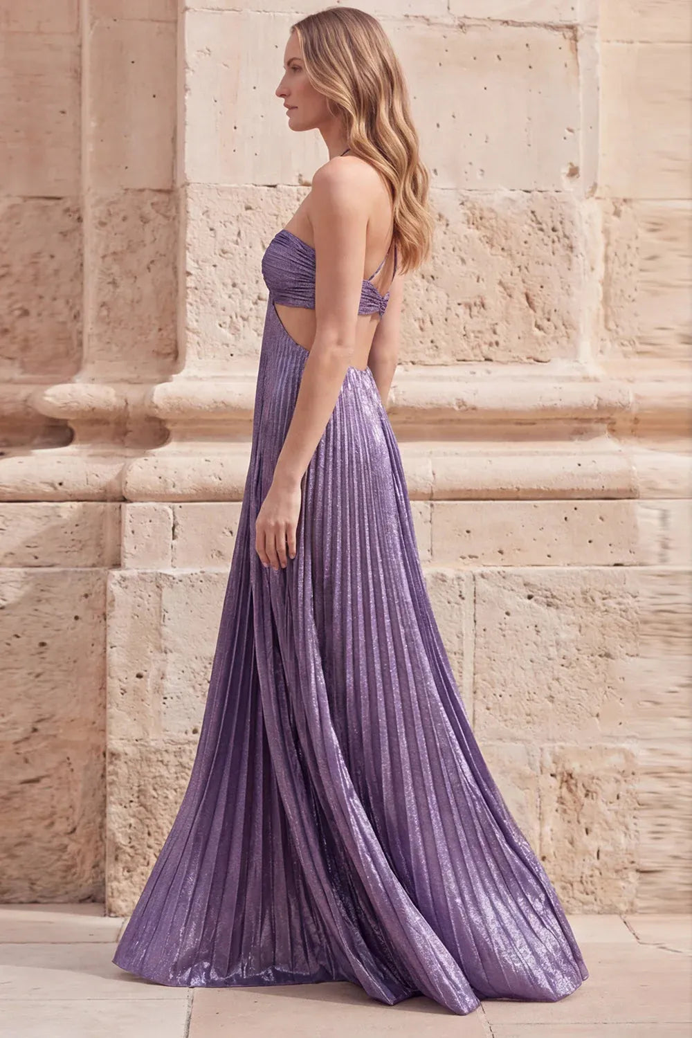 A-Line Halter Neck Cutout Pleated Metallic Lavender Maxi Prom Dress For Women