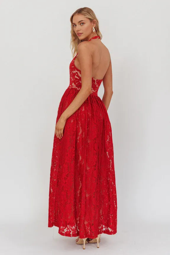 A-Line Halter Neck Open Back Lace Cherry Maxi Homecoming Dress Prom Dress