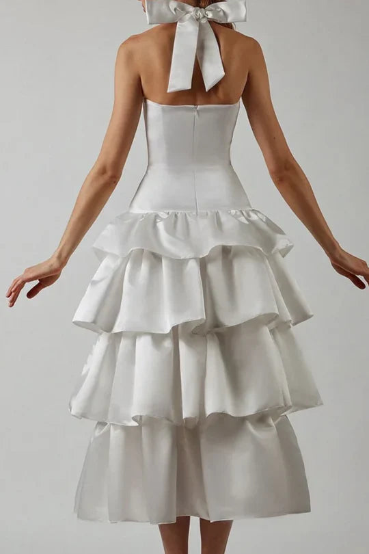 A-Line Halter Tiered Satin Empire-Waist Sleeveless Prom Dress with Bow