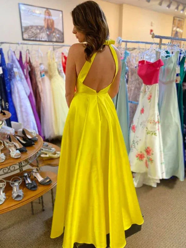 A-Line Halter V-Neck Open Back Satin Yellow Floor-Length Prom Dress With Pockets