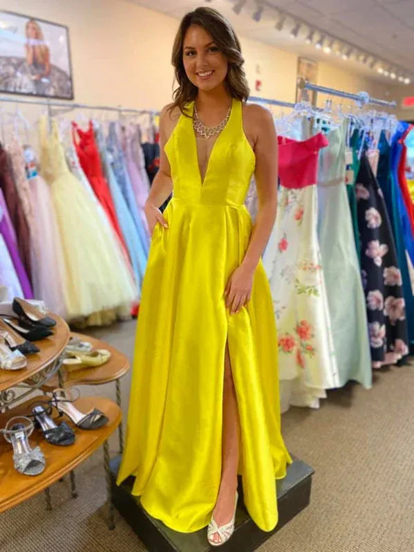 A-Line Halter V-Neck Open Back Satin Yellow Floor-Length Prom Dress With Pockets