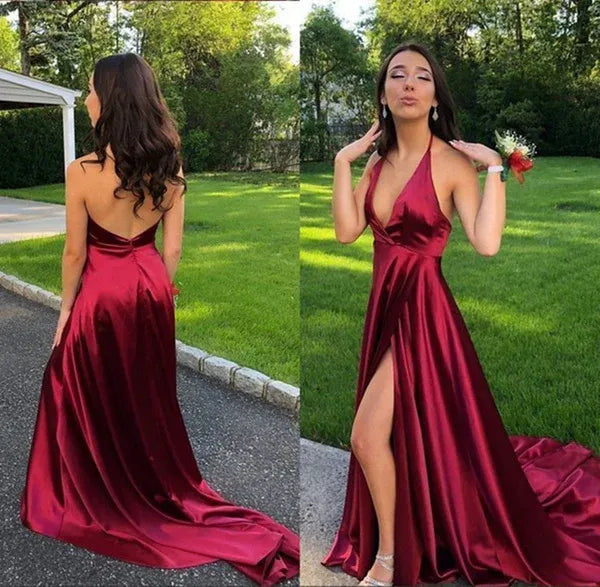 A-Line Halter V Neck Backless Satin Burgundy Train Prom Dress With Slit