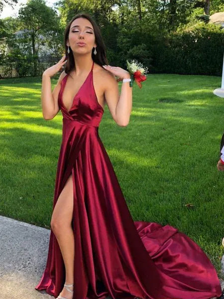 A-Line Halter V Neck Backless Satin Burgundy Train Prom Dress With Slit