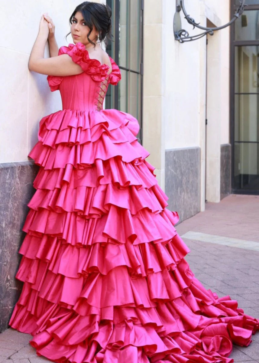 A-Line Hot Pink Satin Off-Shoulder Ruched Layered Lace-Up Slit Long Prom Dress With Sweep-Train