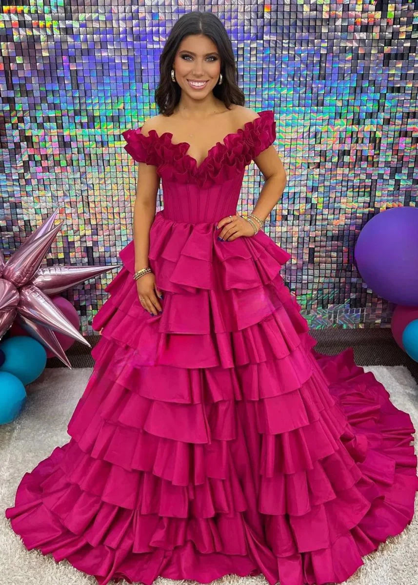 A-Line Hot Pink Satin Off-Shoulder Ruched Layered Lace-Up Slit Long Prom Dress With Sweep-Train