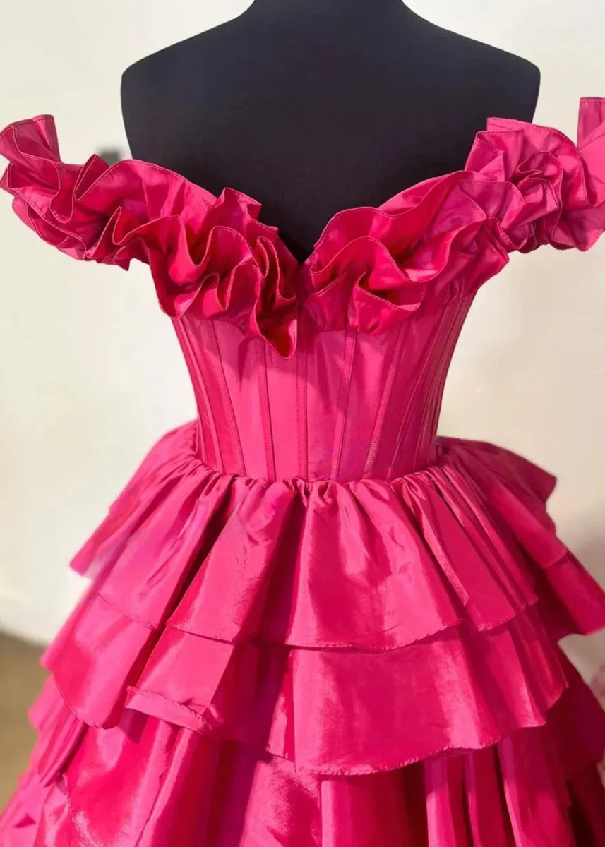 A-Line Hot Pink Satin Off-Shoulder Ruched Layered Lace-Up Slit Long Prom Dress With Sweep-Train