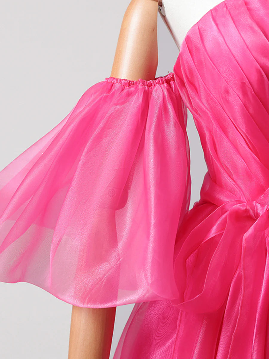 A-Line Hot Pink Tulle Sweetheart Long Prom Dress Strapless Evening Party Dress With Slit