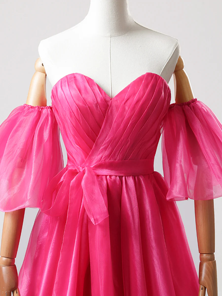 A-Line Hot Pink Tulle Sweetheart Long Prom Dress Strapless Evening Party Dress With Slit
