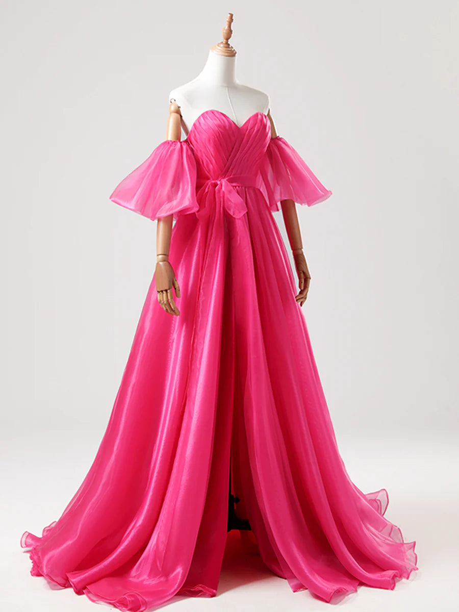 A-Line Hot Pink Tulle Sweetheart Long Prom Dress Strapless Evening Party Dress With Slit
