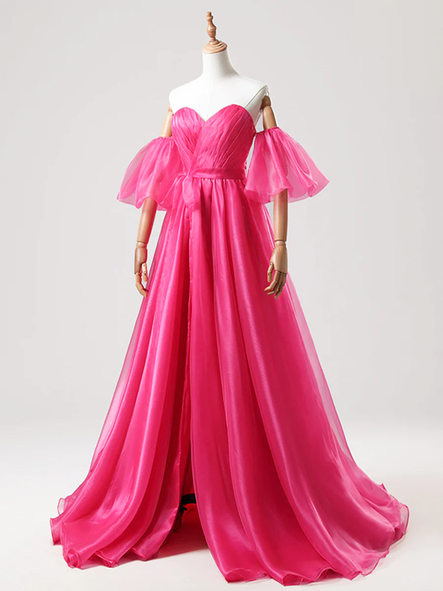 A-Line Hot Pink Tulle Sweetheart Long Prom Dress Strapless Evening Party Dress With Slit