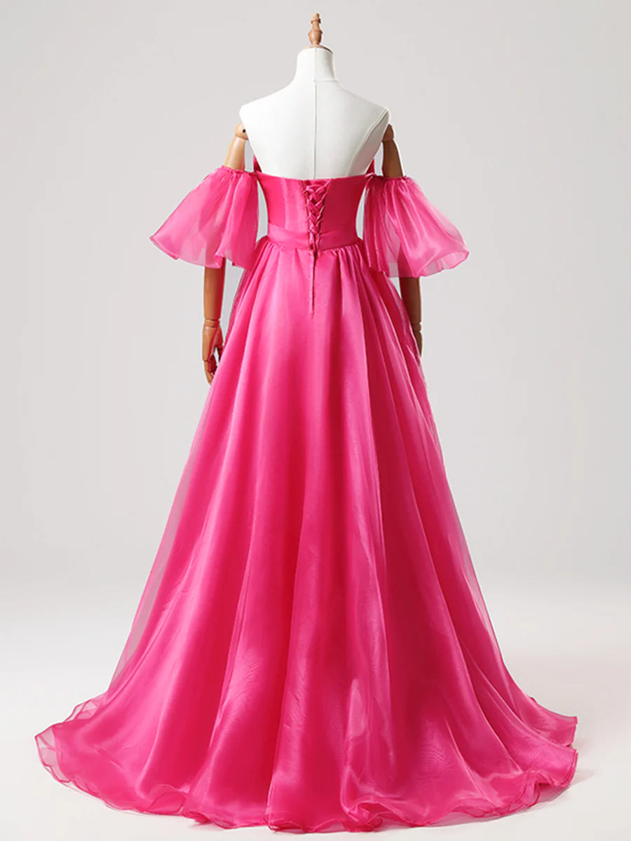 A-Line Hot Pink Tulle Sweetheart Long Prom Dress Strapless Evening Party Dress With Slit