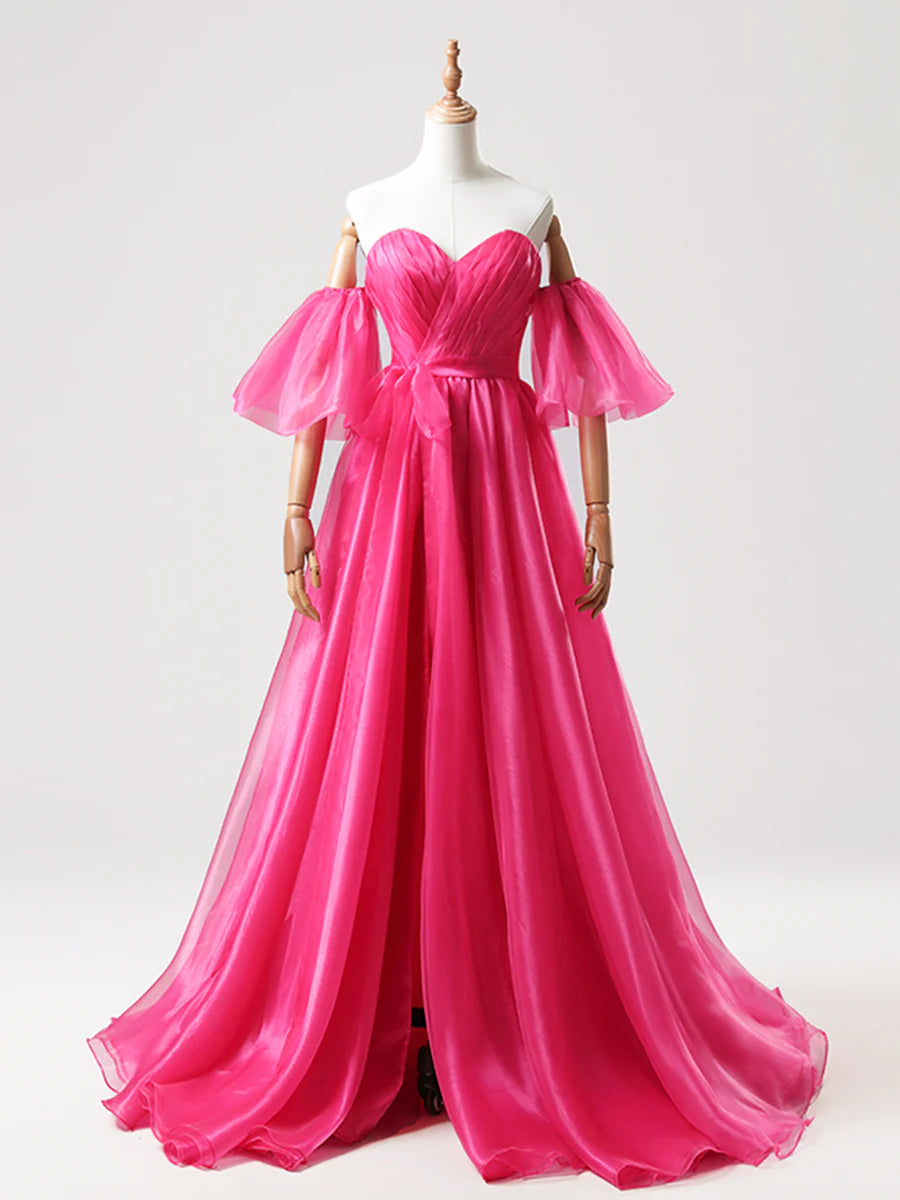 A-Line Hot Pink Tulle Sweetheart Long Prom Dress Strapless Evening Party Dress With Slit