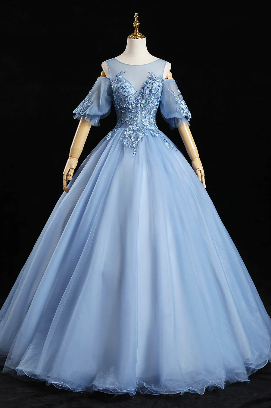 A-Line Round Neck Embroidery Lace Blue Long A-Line Prom Dresses Evening Dresses