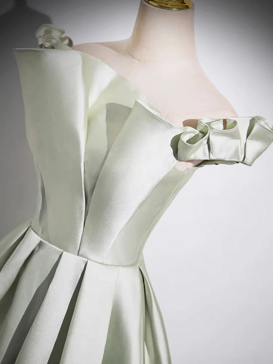 A-Line Light Green Satin Pleated Long Princess Dress Beautiful Off the Shoulder Evening Prom Dress