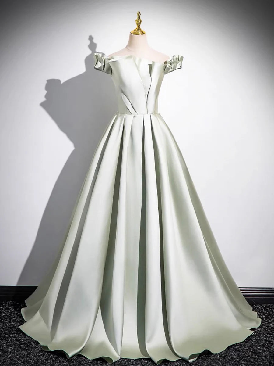 A-Line Light Green Satin Pleated Long Princess Dress Beautiful Off the Shoulder Evening Prom Dress