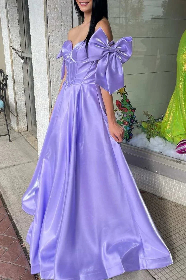 A-Line Lilac Satin Off-Shoulder Pleated BodyCon Sweep Train Long Prom Dress With Bow
