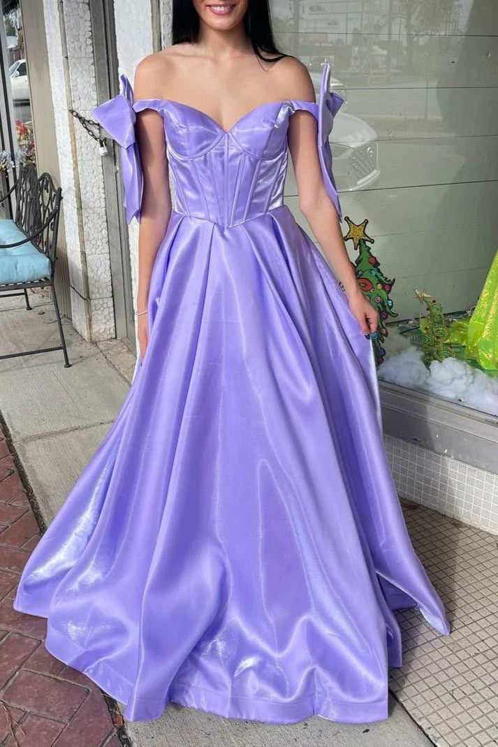 A-Line Lilac Satin Off-Shoulder Pleated BodyCon Sweep Train Long Prom Dress With Bow