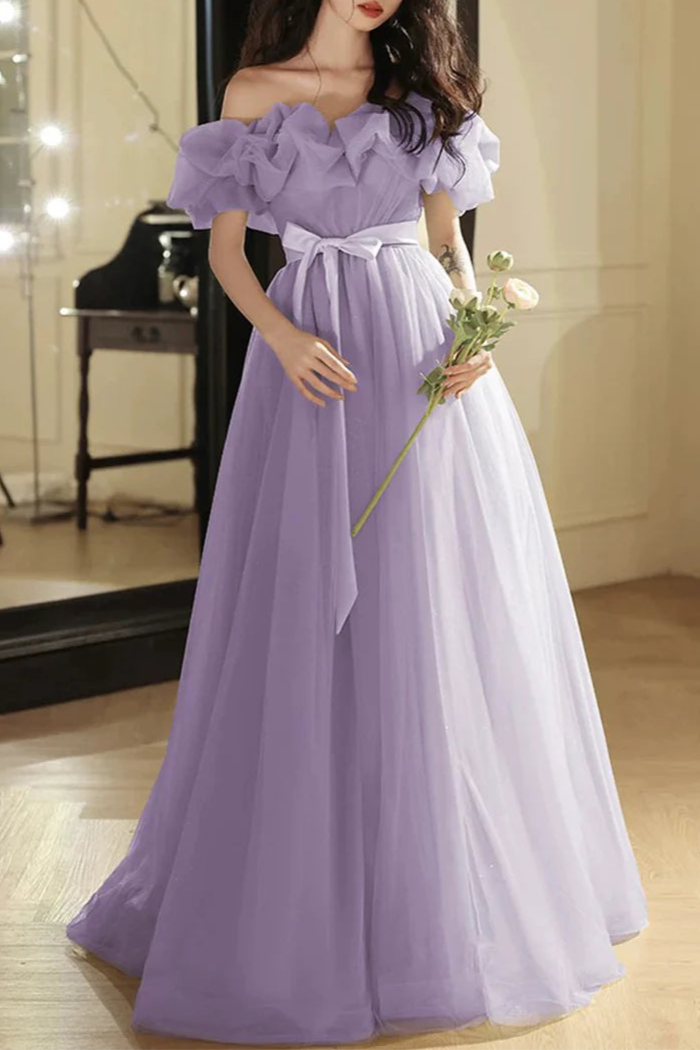 A-Line Lilac Tulle Flowers Long Prom Dress Beautiful Off the Shoulder Floor length Evening Party Dress