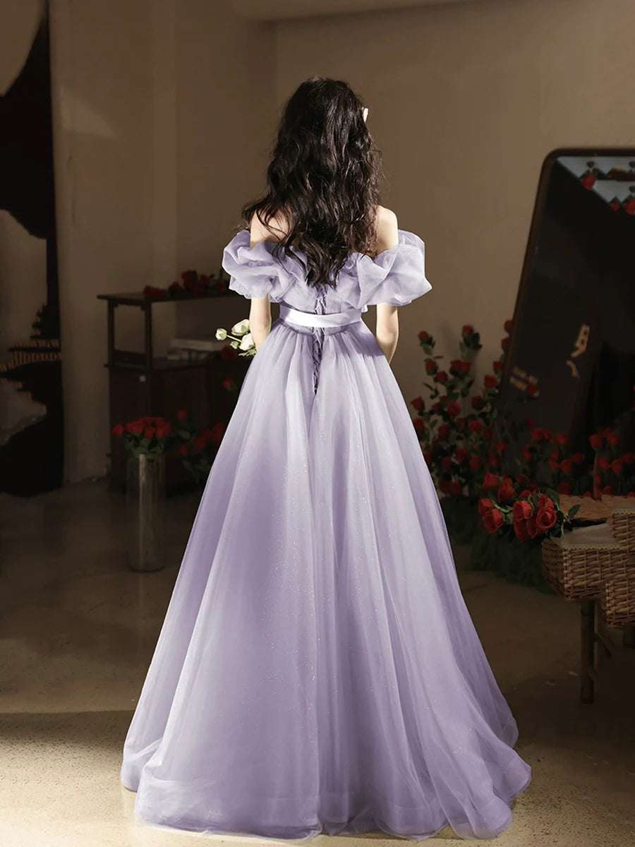 A-Line Lilac Tulle Flowers Long Prom Dress Beautiful Off the Shoulder Floor length Evening Party Dress