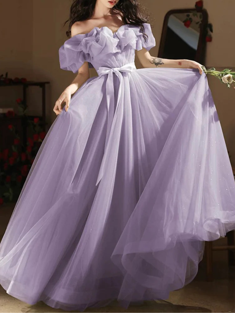 A-Line Lilac Tulle Flowers Long Prom Dress Beautiful Off the Shoulder Floor length Evening Party Dress