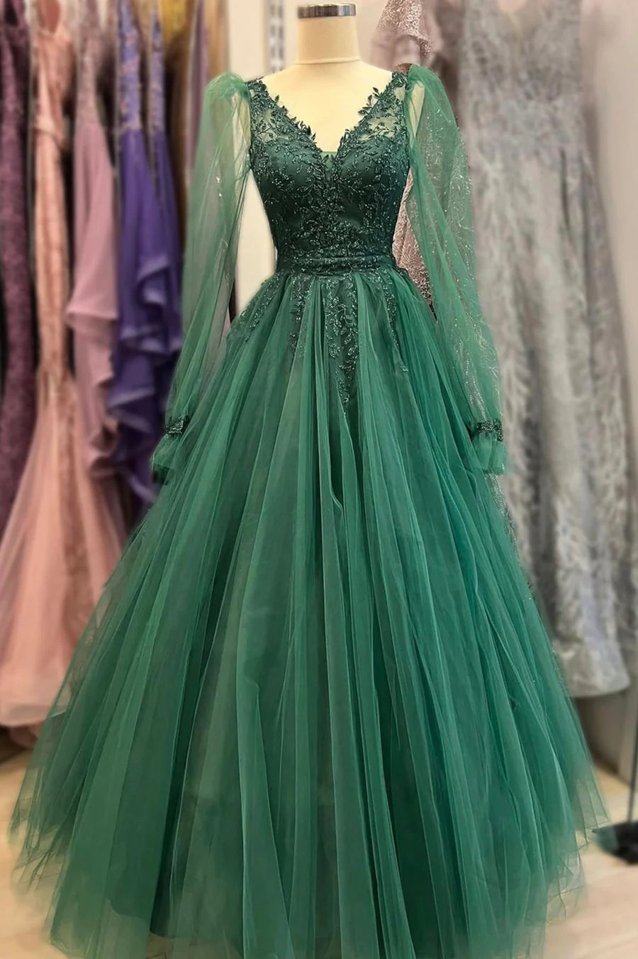 A-Line V-Neck Long Sleeve Applique Tulle Green Long Prom Dresses Evening Dresses