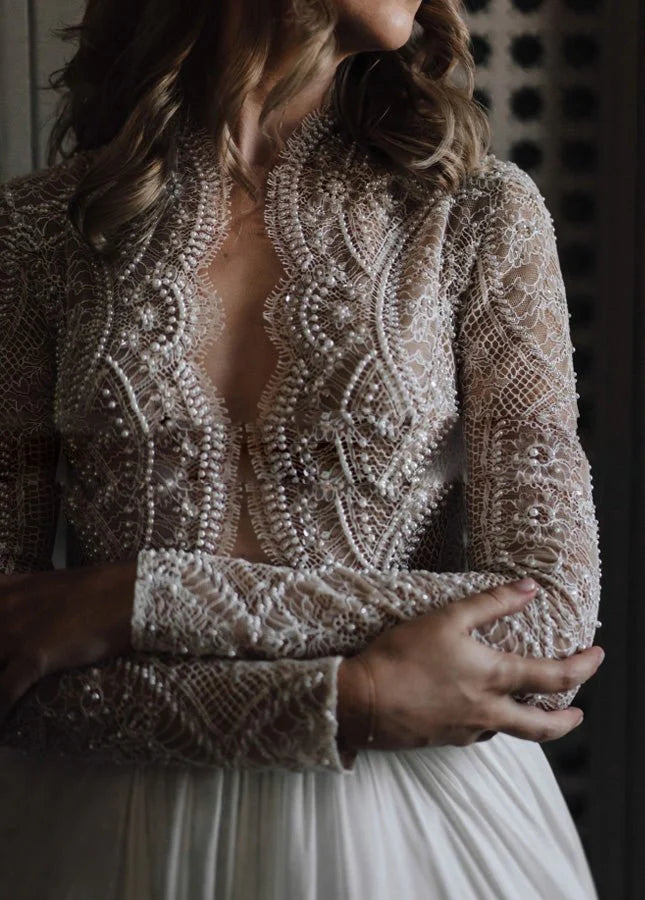 A-Line Luxurious Lace Tulle Beading Scalloped Neck Long Sleeves Pleated Wedding Dresses With Sweep Train