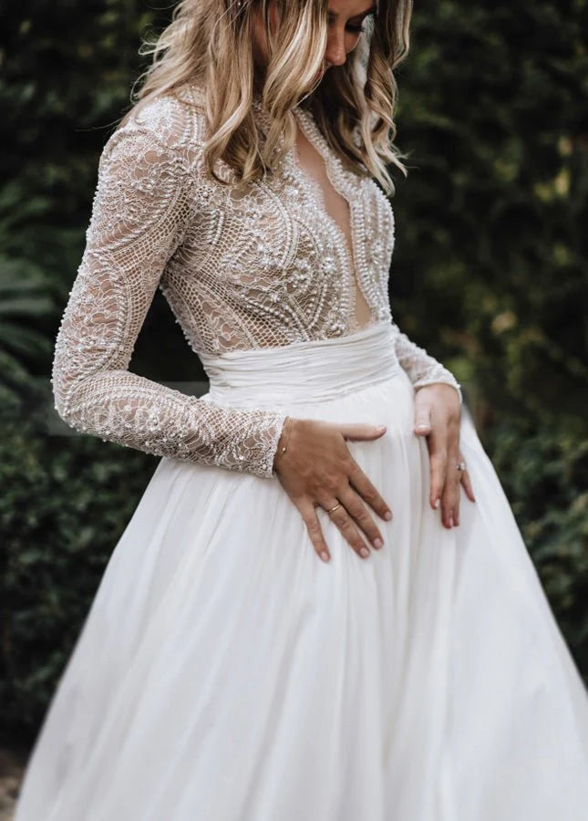 A-Line Luxurious Lace Tulle Beading Scalloped Neck Long Sleeves Pleated Wedding Dresses With Sweep Train