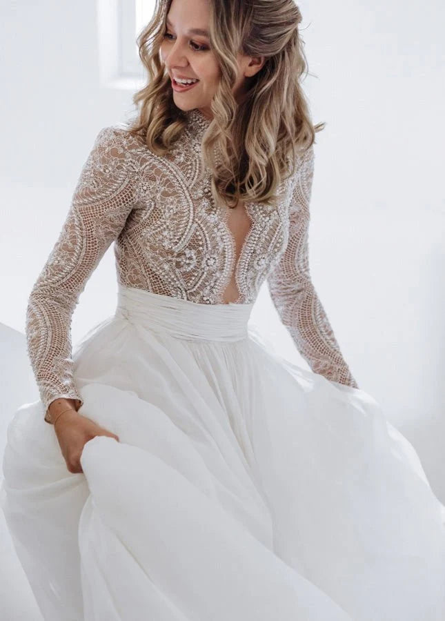 A-Line Luxurious Lace Tulle Beading Scalloped Neck Long Sleeves Pleated Wedding Dresses With Sweep Train