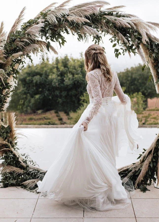 A-Line Luxurious Lace Tulle Beading Scalloped Neck Long Sleeves Pleated Wedding Dresses With Sweep Train