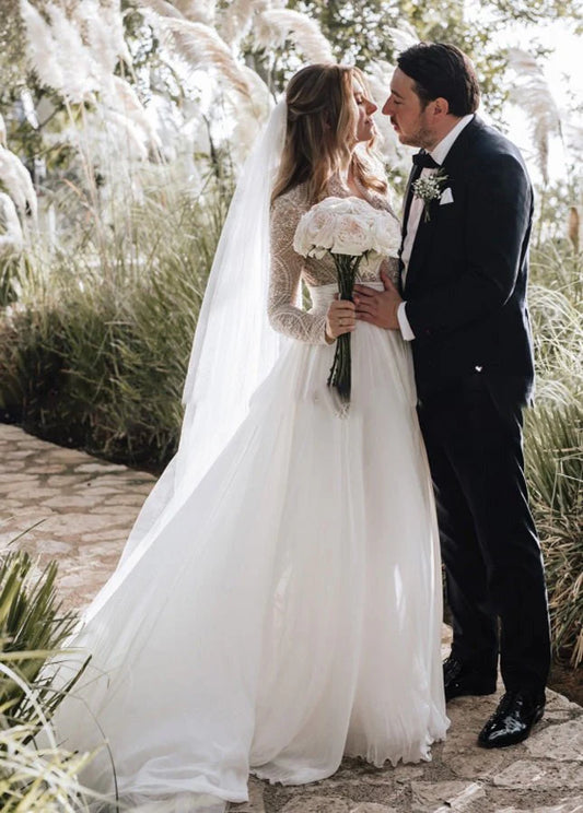 A-Line Luxurious Lace Tulle Beading Scalloped Neck Long Sleeves Pleated Wedding Dresses With Sweep Train