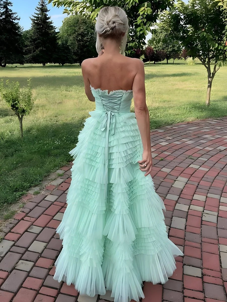 A-Line Mint Green Tulle Strapless Tiered Ruffled High-low Prom Dress Discount Tulle Party Dresses
