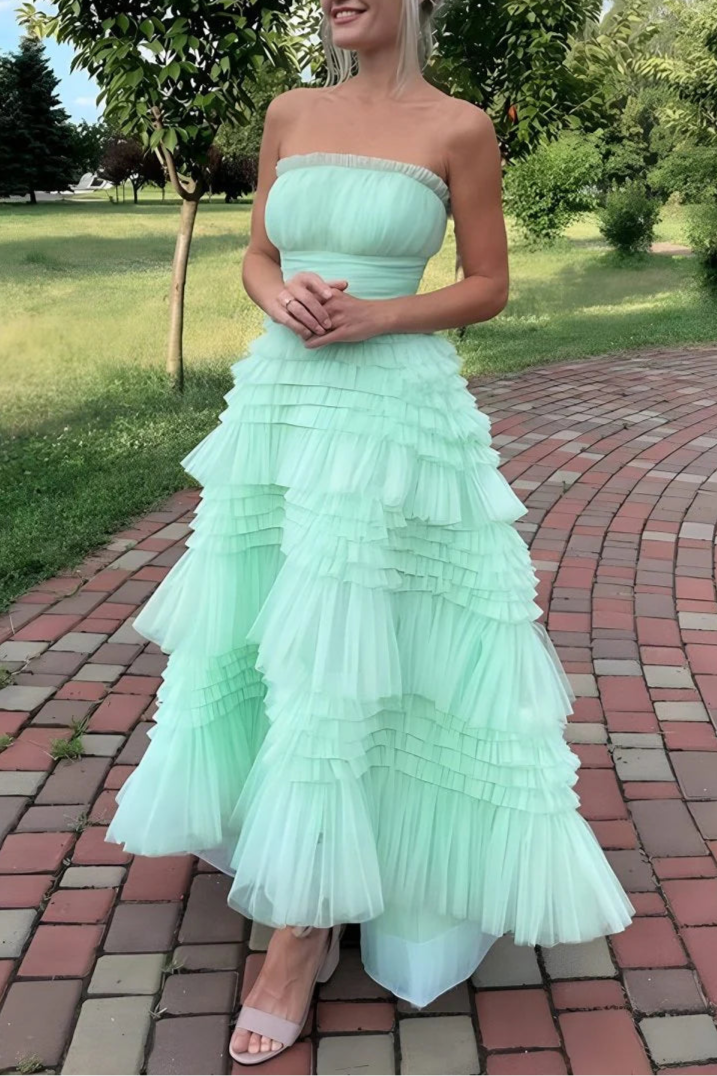 A-Line Mint Green Tulle Strapless Tiered Ruffled High-low Prom Dress Discount Tulle Party Dresses