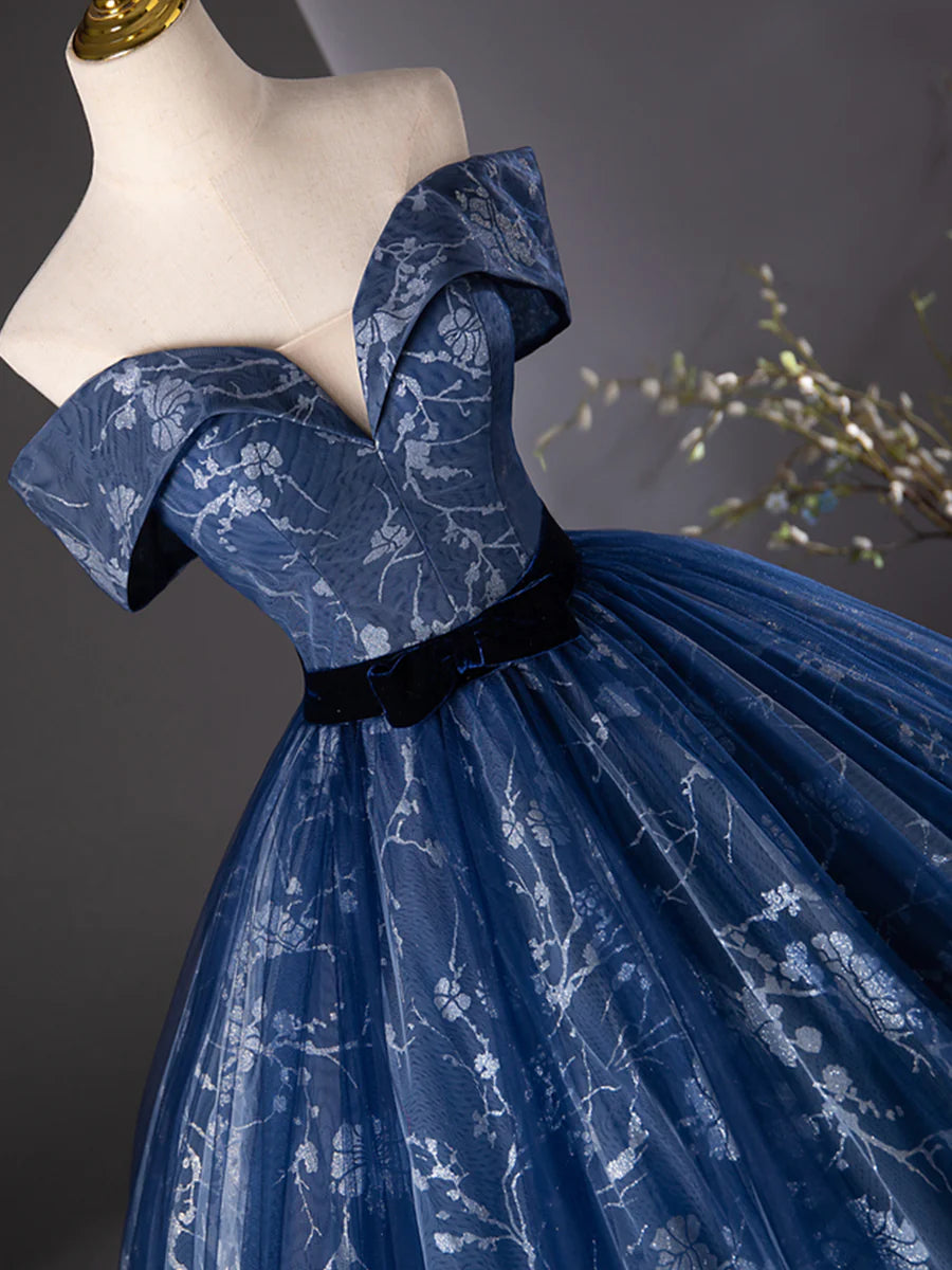 A-Line Navy Blue Glitter Printing Sweetheart Neck Off the Shoulder Prom Dress Evening Party Dress